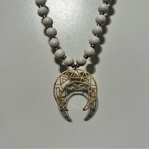 Beaded Boho Half Moon Necklace, White/Gold